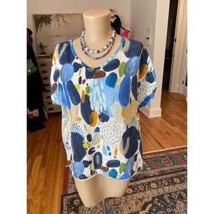 Flora Ashley Womens Blue Abstract Dot 100% Linen V-Neck Top Made in Italy L